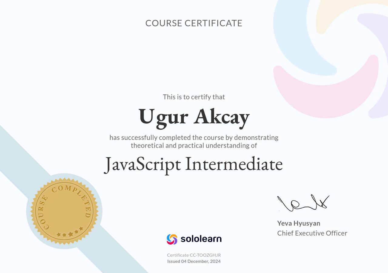 SoloLearn JavaScript Intermediate Certificate